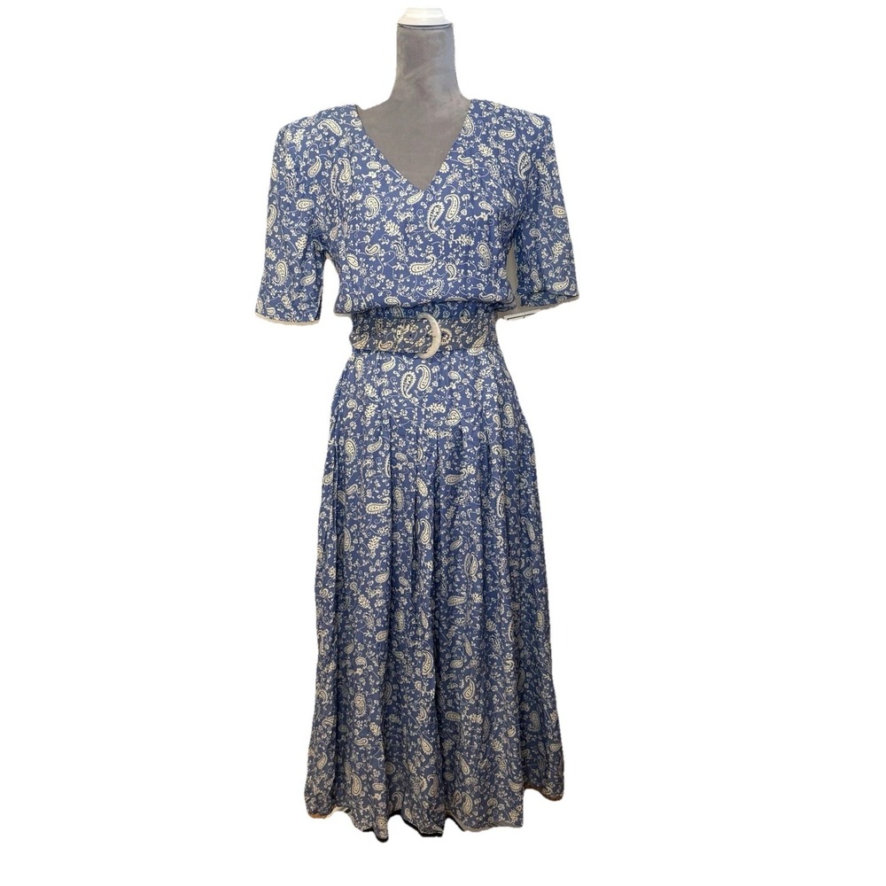 NWT Vintage E.D. Michaels Sz‎ 10 Blue White Paisley Prairie Midi Dress W/Pockets